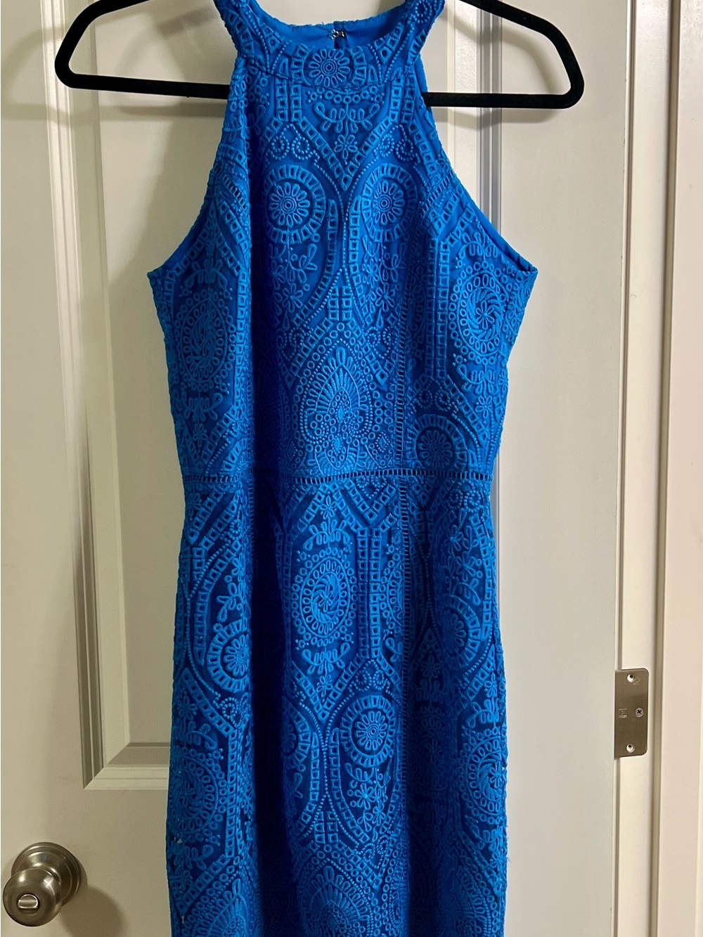 Adelyn Rae Cobalt Blue Lace Halter Midi Dress